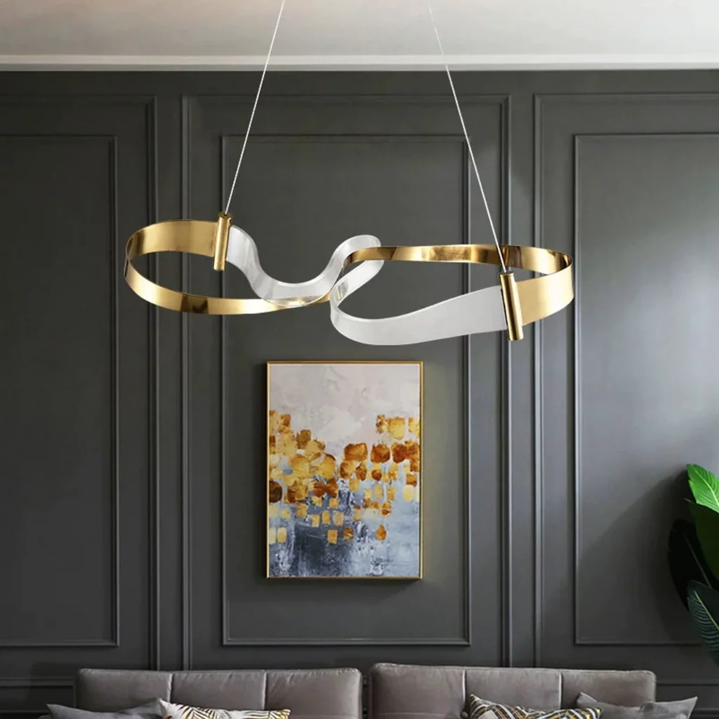 Luxury Special Shape LED Chandelier with flowing ribbon-style design, gold accents and modern sculptural ceiling light