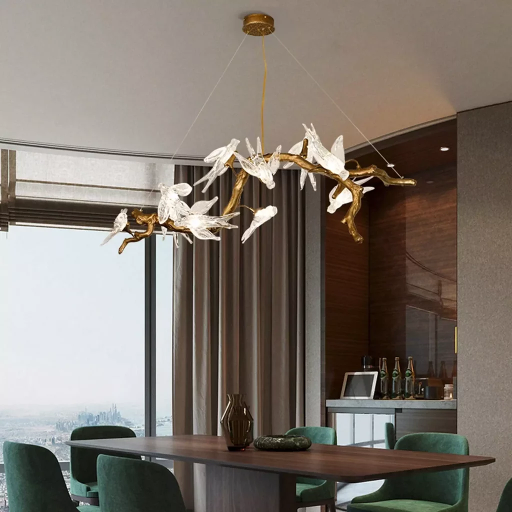 VOA FLOAT Large LED bronze pendant lamp with sculptural branch design and glass bird accents, artistic luxury dining room light