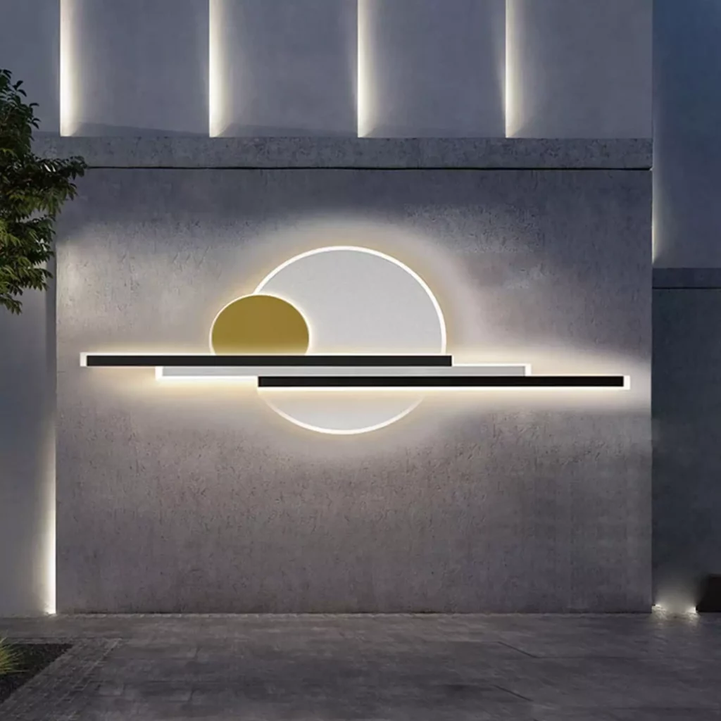 Waterproof Luxury Outdoor Wall Lamp with modern circular and linear LED design on elegant exterior wall.