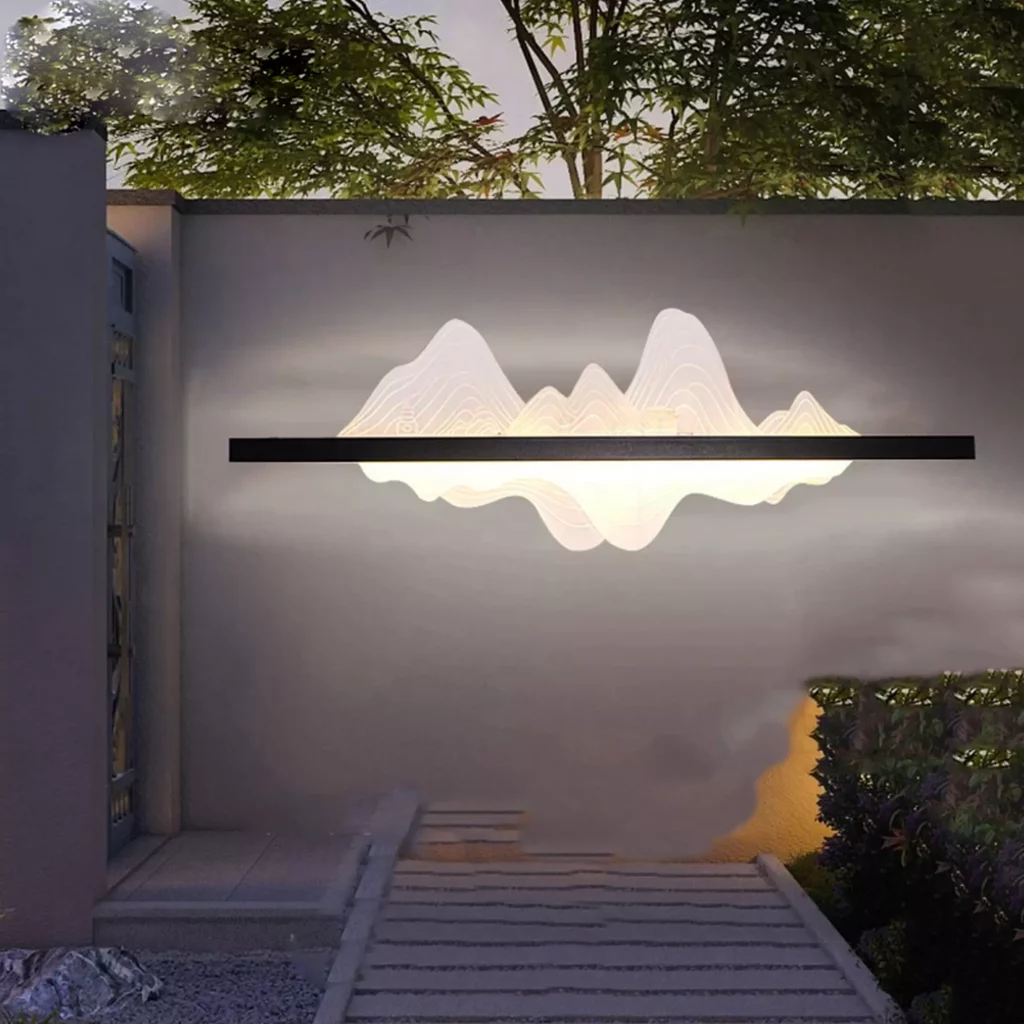 Luxury Acrylic Design Outdoor Wall Lamp with artistic glowing acrylic waves illuminating a modern outdoor wall.