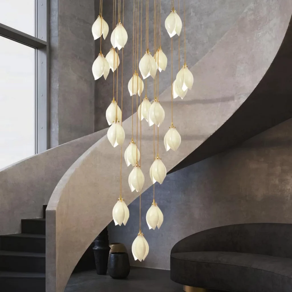 BLOOM CHANDELIER with elongated warm chains consisting of flowery lights
