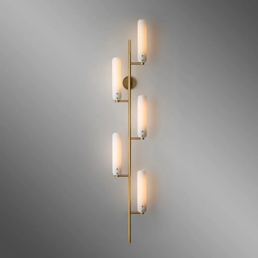 Modern Luxury Copper Sconce Wall Lamp featuring five frosted glass cylinders on a sleek brass stem emitting a soft ambient glow