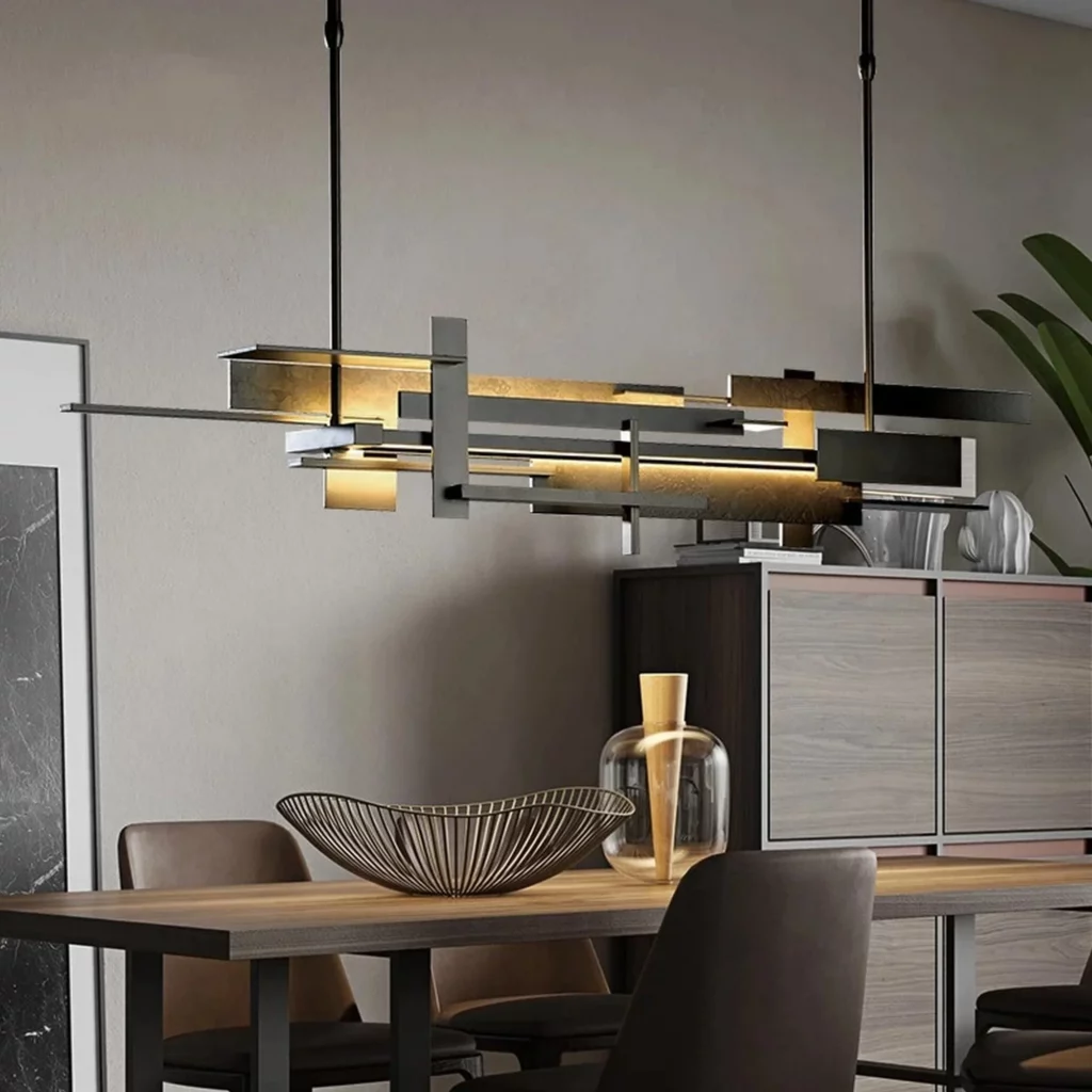 Planar Large LED Pendant Light with layered metal panels and warm glow, modern linear hanging light for dining room or workspace