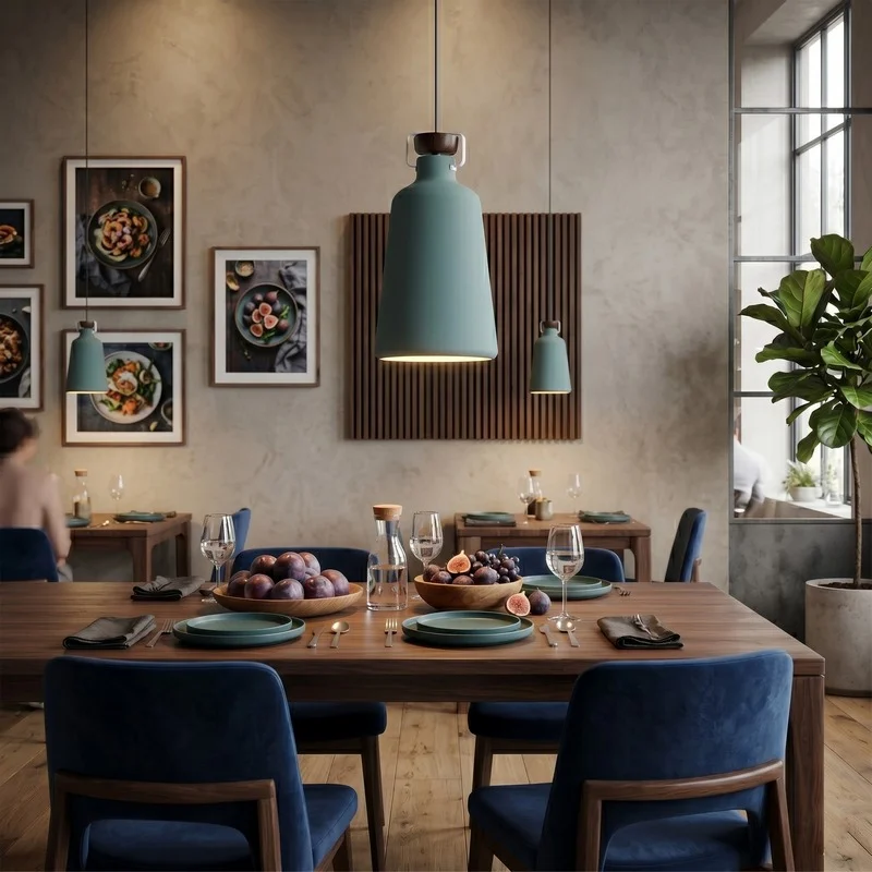 Elegant restaurant dining room with a wooden table set for six blue chairs fruit bowls and pendant lights over the table framed wall art near a window