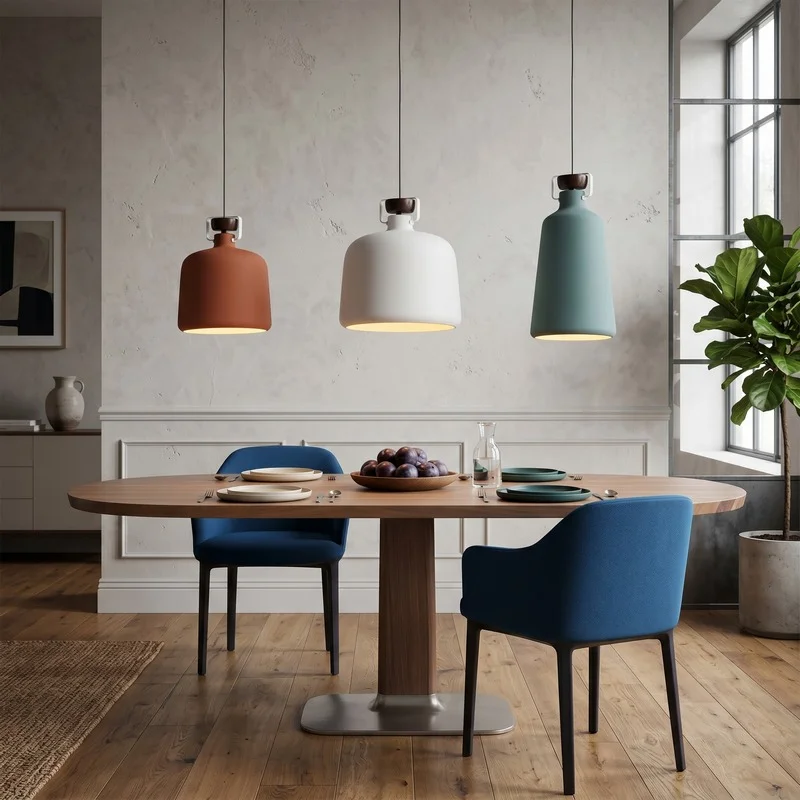 Round wooden dining table with blue upholstered chairs under three pendant lights orange white teal in a bright dining room