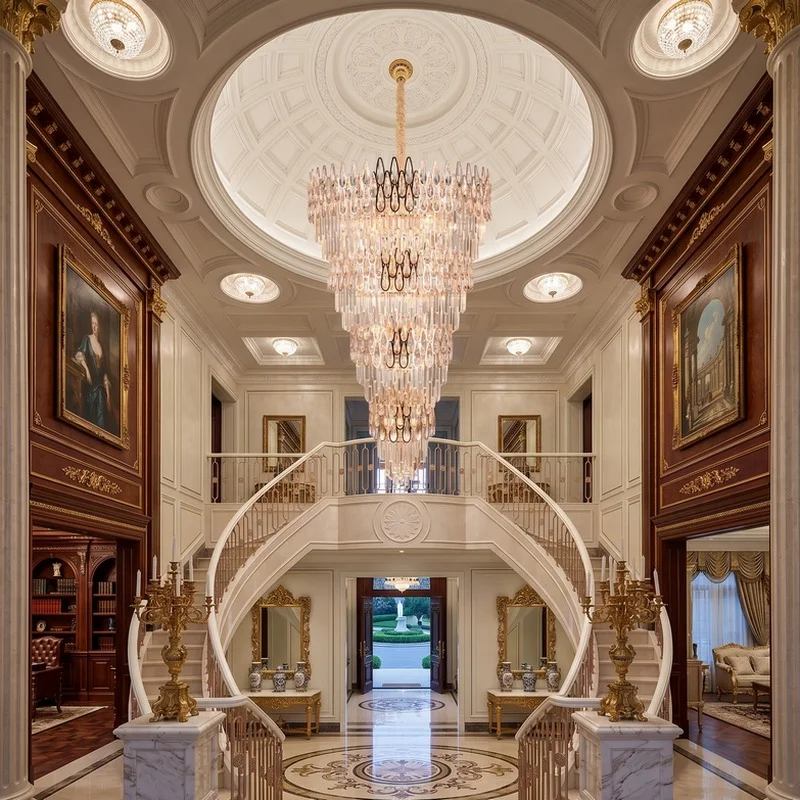 Opulent hotel foyer with a tall crystal chandelier, curved marble staircase, and gilded walls.