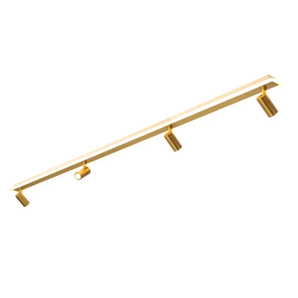 Long gold finished ceiling track light combining a continuous LED strip with four adjustable rotatable spotlight heads