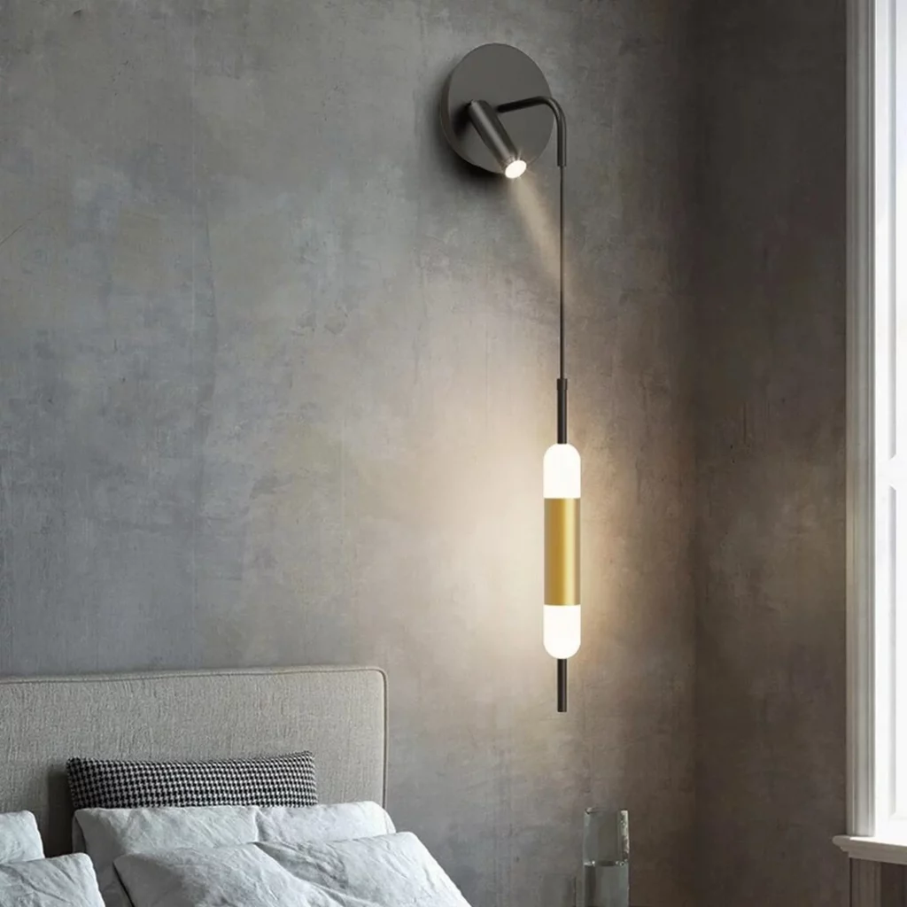 Single Head Rustic LED Pendant Light mounted on a gray wall above a bed