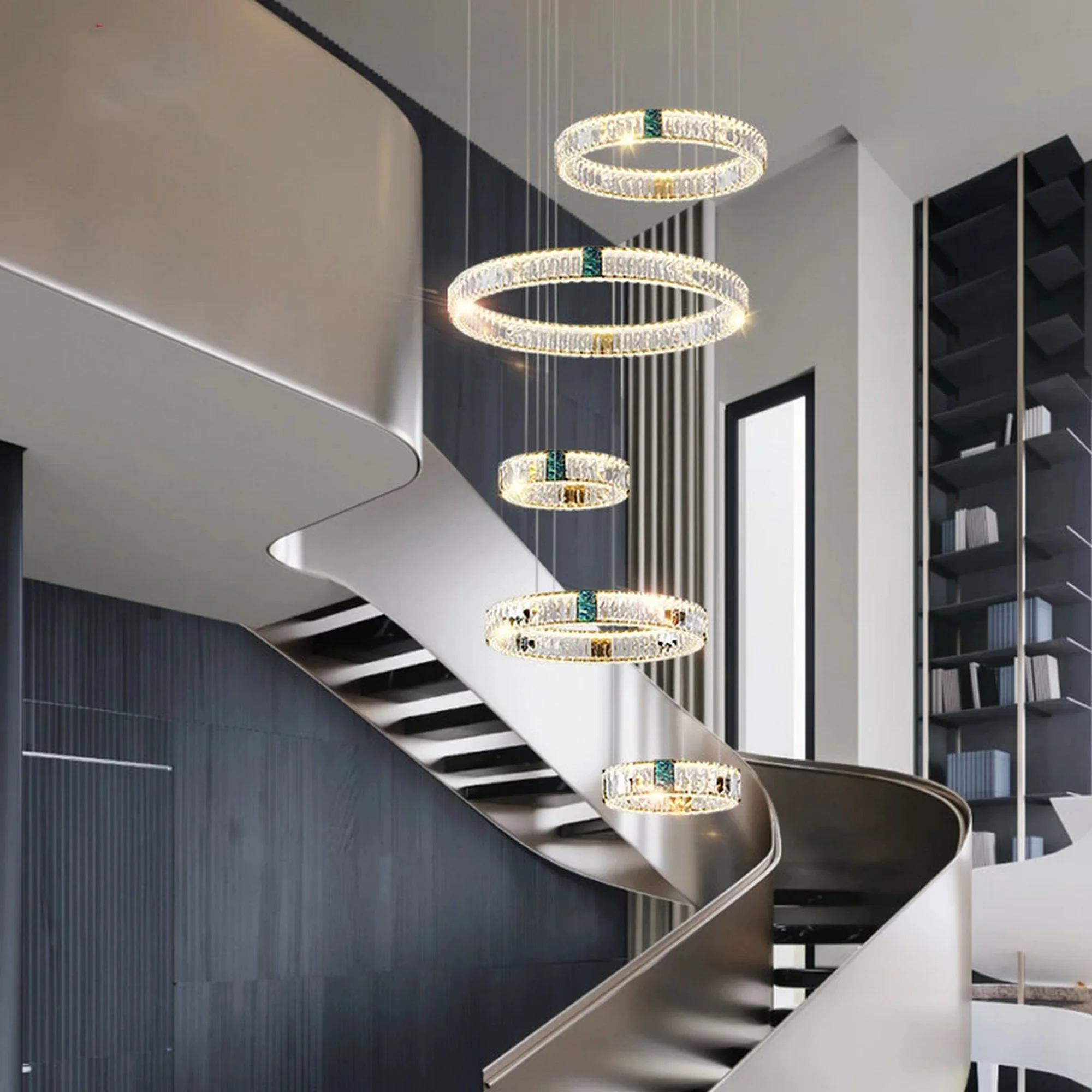 Modern Ring Design Golden Luxury Chandelier with crystal LED rings, elegant multi-tier hanging light perfect for staircases and grand interiors.