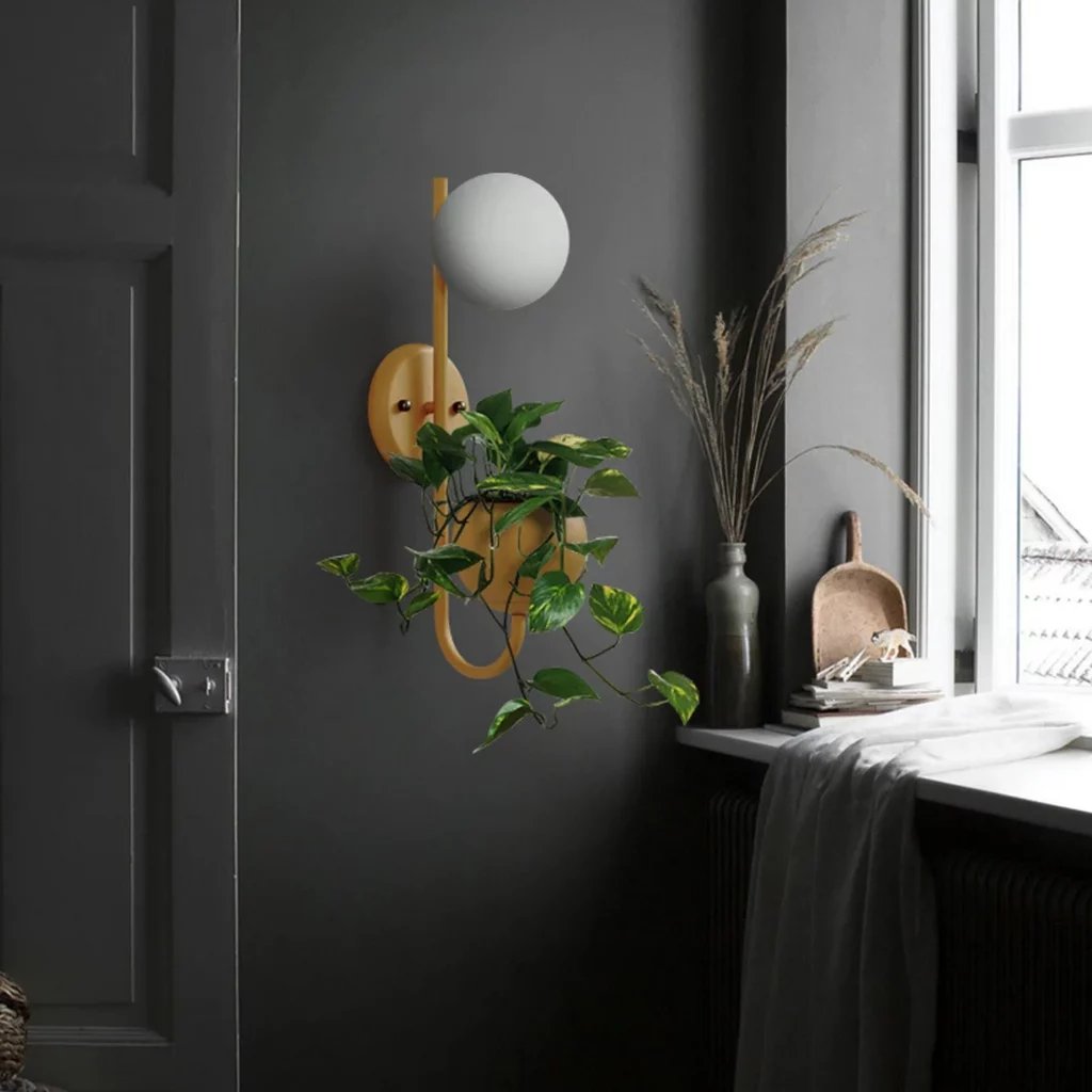 Minimalist Warm Glass Plant Sconce with a frosted globe light and hanging greenery mounted on a dark wall beside a bright window