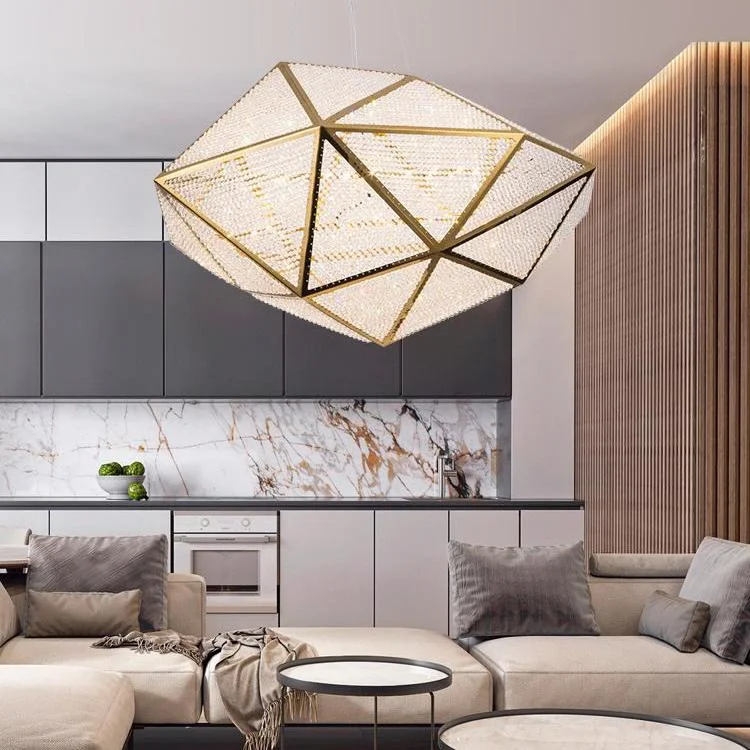 Geometric Crystal Diamond Luxury Chandelier for modern interior designing with golden exteriors and crystal finish