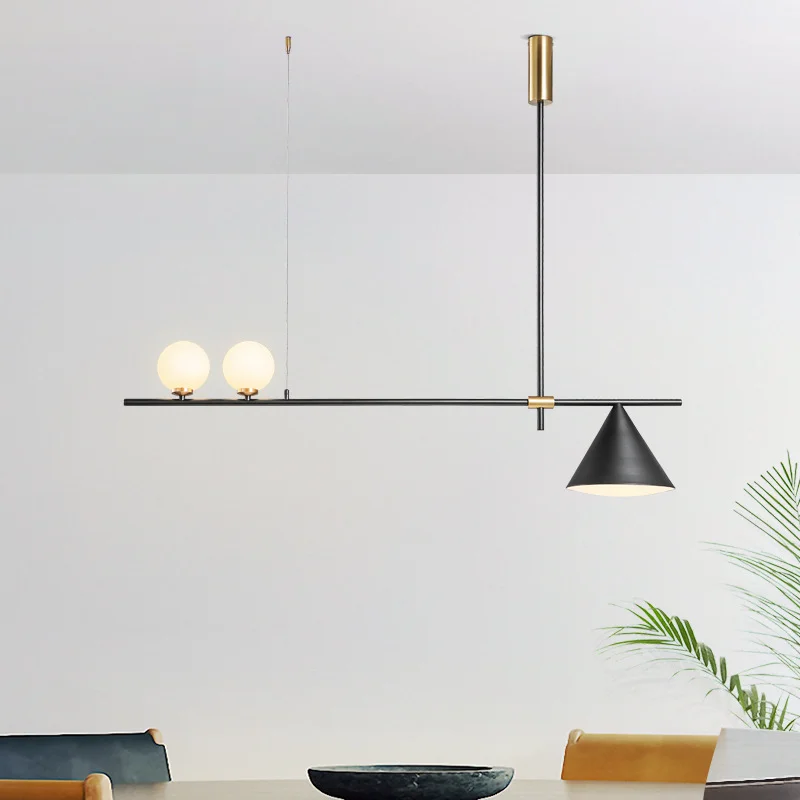 Modern Cone Design Long Dining Chandelier with a black horizontal bar, two globe bulbs, and a black cone shade over a dining table.