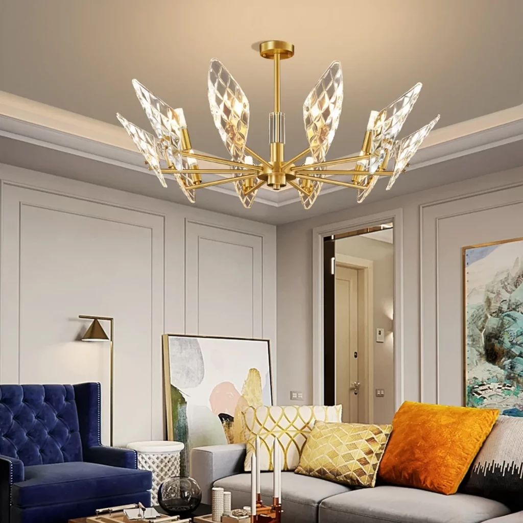 Diamond Crystal Branch Chandelier with gold metal frame and faceted crystal leaves, modern luxury ceiling light for living room or dining area
