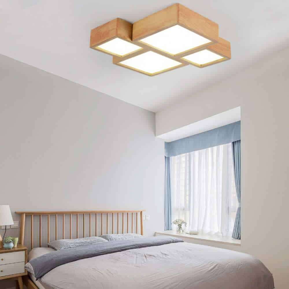 Square Box Design LED Ceiling Light in modern bedroom with wooden frames and soft glow minimalist geometric ceiling fixture