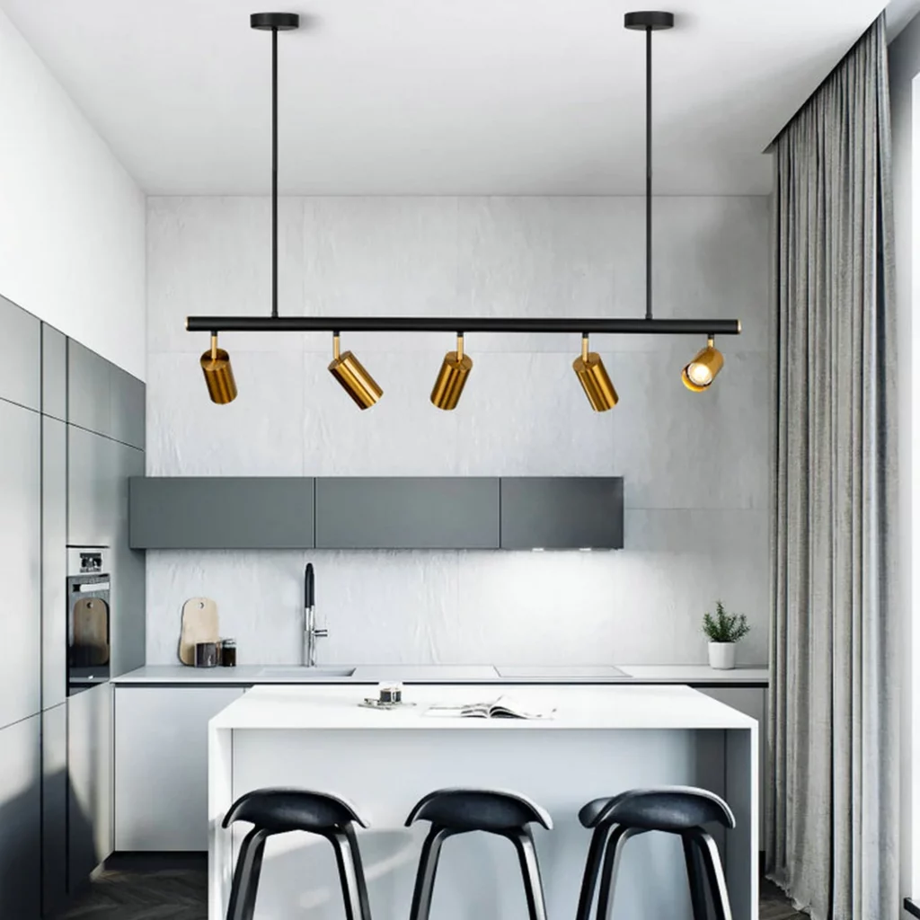 Black Gold Spotlight Style Chandelier with elongated finish consisting of five spotlights