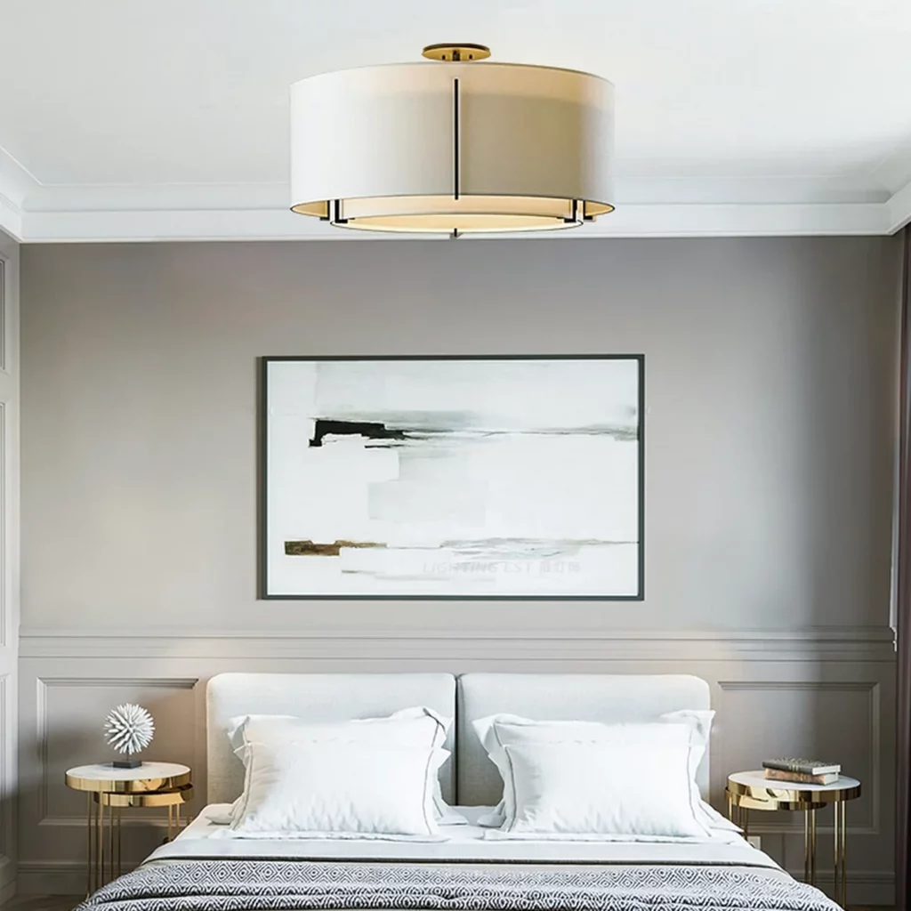 Decorative Round LED Ceiling Lamp with a drum style fabric shade and gold accents