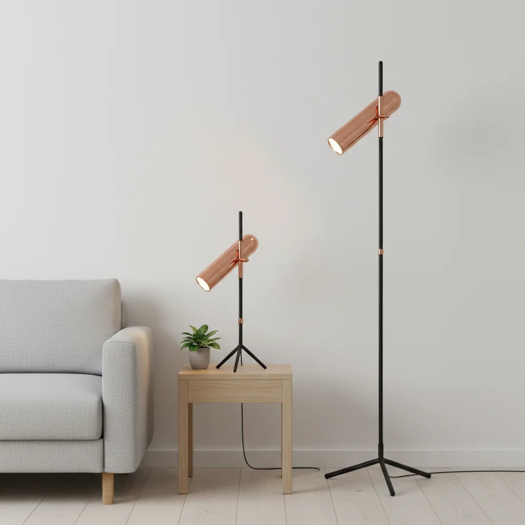 Wander 3D Model Table & Floor Lamp with a sleek, modern design featuring wooden accents, enhancing a cozy living room space.