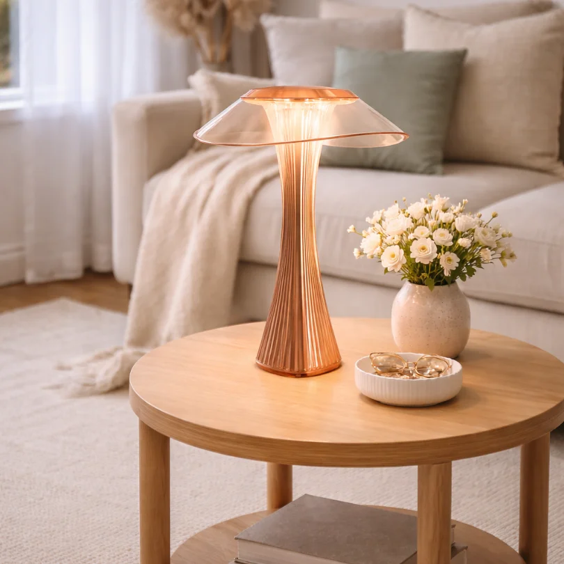 Astreo Table Lamp displayed on a round wooden table featuring a sculptural LED design with warm glow in a cozy modern living room