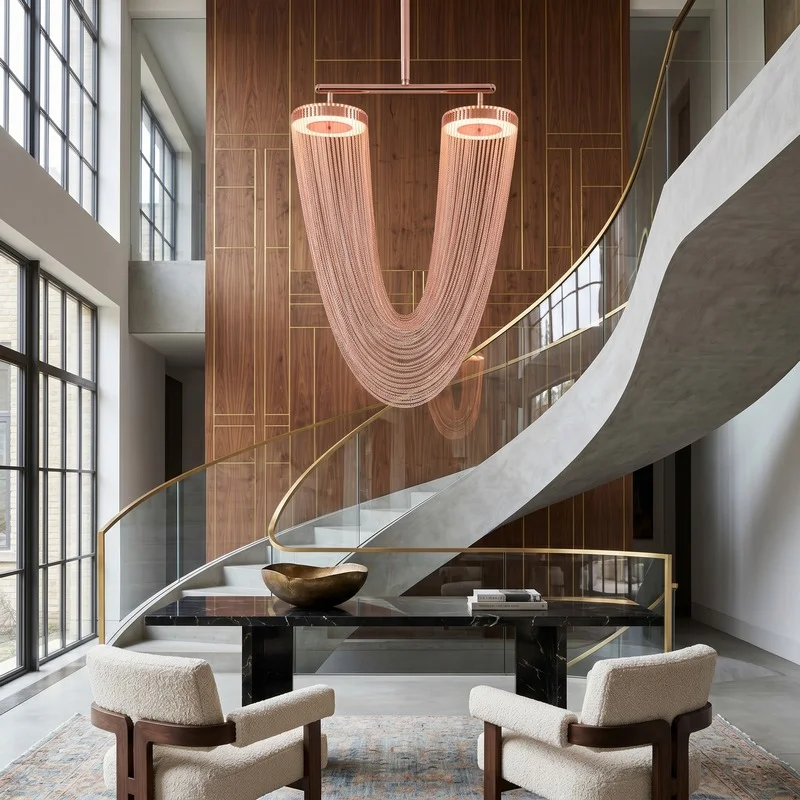 Modern hotel lobby or atrium with a sweeping curved staircase, glass railing, and a large pink multi‑strand chandelier above a black marble table and two cream chairs.