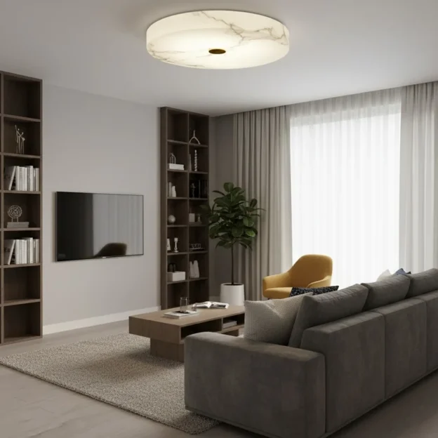 This modern living room features a Classical Marble Round Design Ceiling Light as a central focal point casting a warm glow