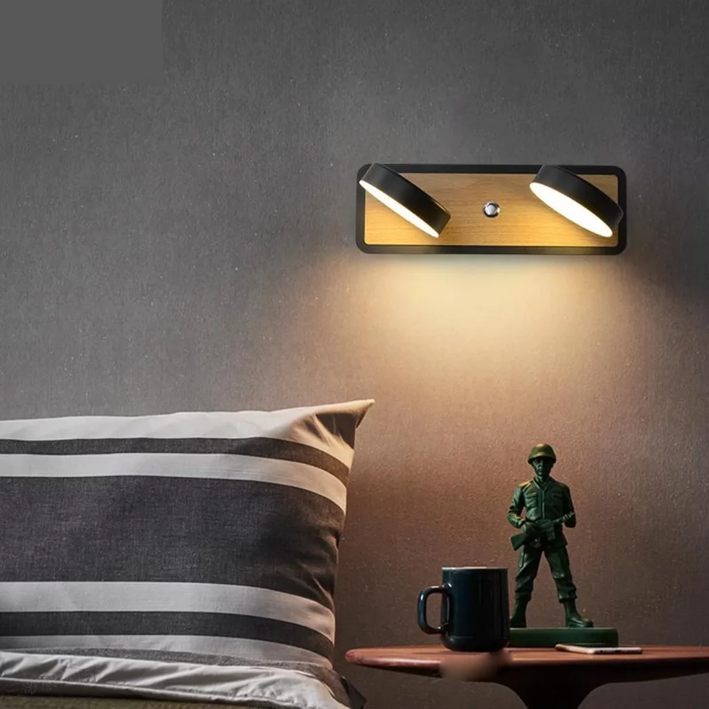 Vintage Art Decoration Round LED Wall Light above a bedside table with warm circular glow and modern decor.