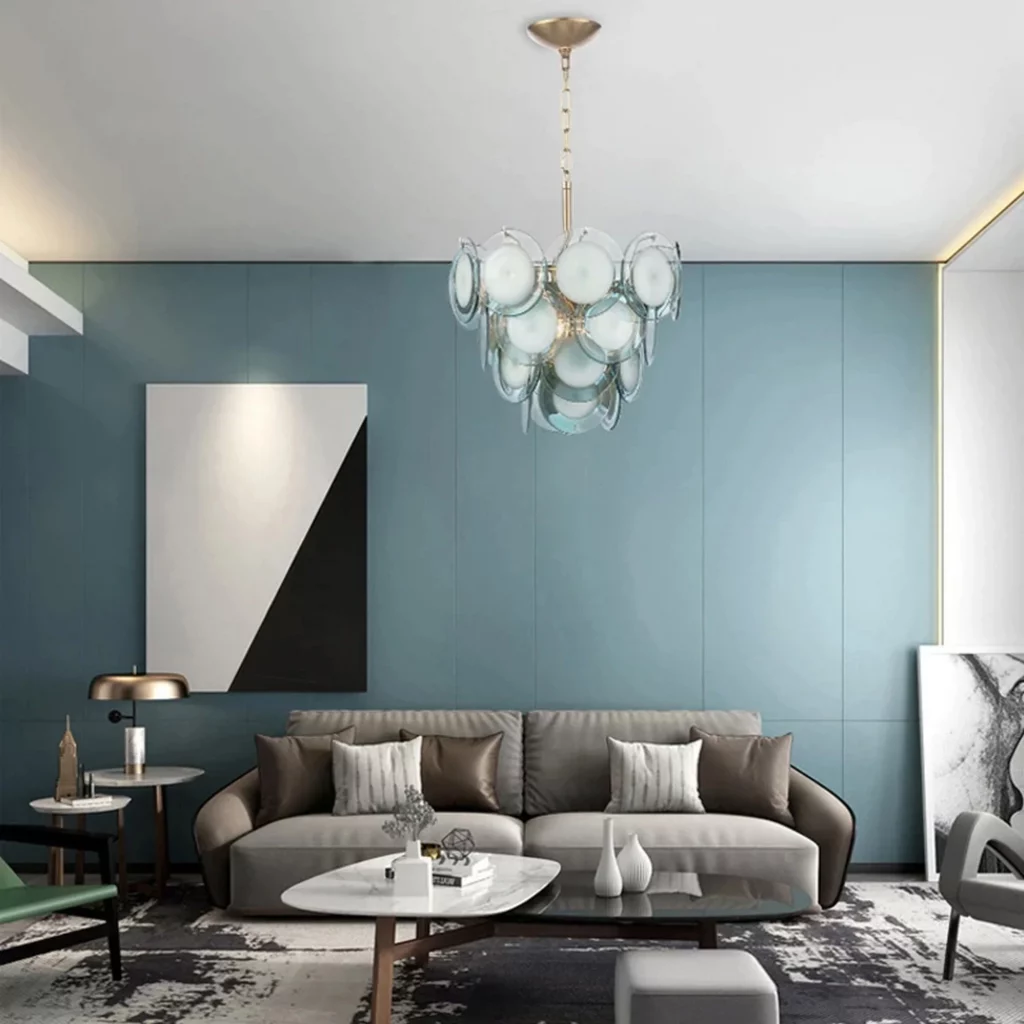 Modern Glass Design LED Chandelier with layered circular glass discs, elegant contemporary ceiling light for stylish living room