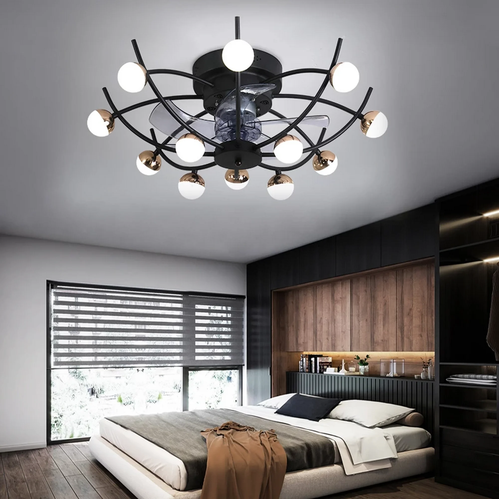Luxury Globes Design Ceiling Fan with globe lights, modern black frame, installed above a contemporary bedroom with wood accents and large window.