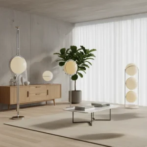 Zuru Table & Floor Lamp in a minimalist living room with soft curved lights, wood console, plant, and sheer curtains, warm ambient glow