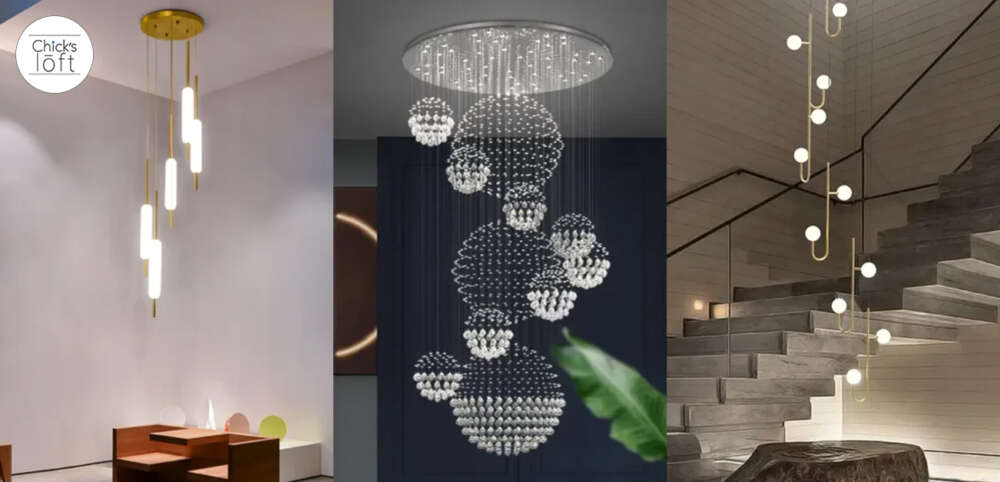 Hallway Sconce lighting designs for hallways and staircases featuring gold accents and cascading crystal lights