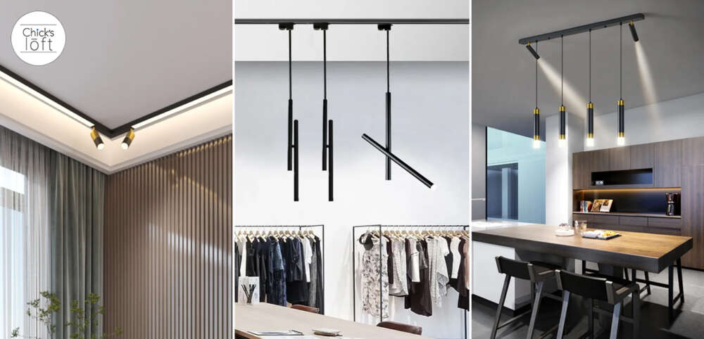 Modern black and gold track lighting with adjustable pendant and spotlight fixtures enhancing minimalist living, retail, and kitchen spaces.