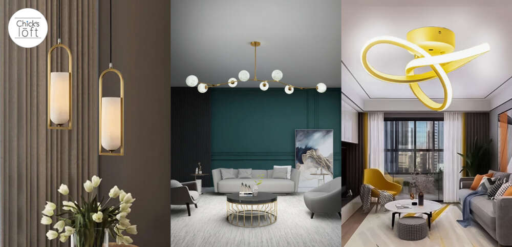 Modern lounge style living room featuring high end lighting designs including elegant gold pendant lights a contemporary globe chandelier and a sculptural LED ceiling fixture in a stylish luxury interior setting