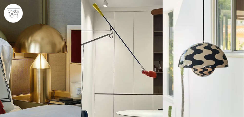 three unique and stylish bedroom lighting a gold dome shaped table lamp an adjustable pendant light with a red and yellow accent and a modern hanging lamp with a wavy black and beige design