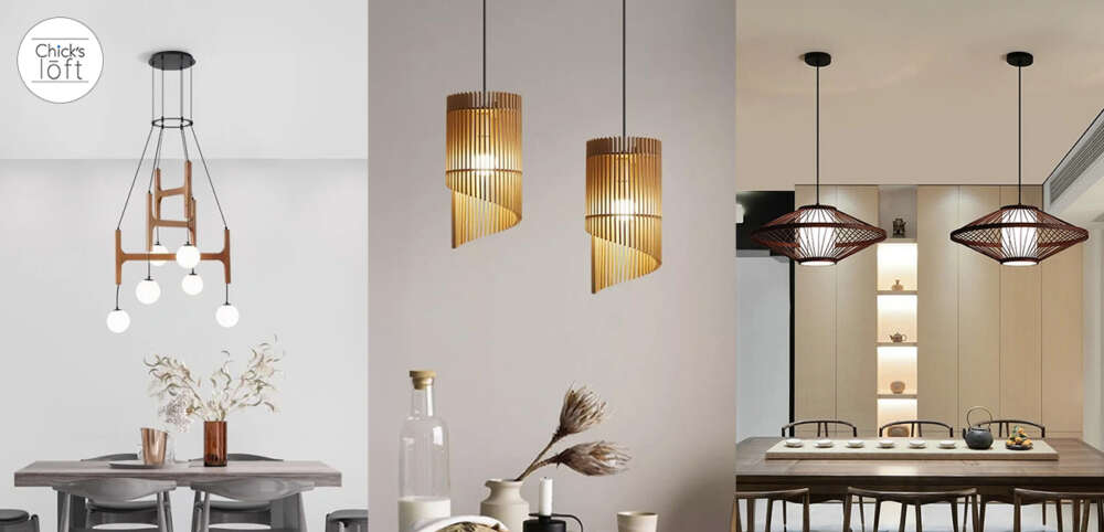 Modern farmhouse pendant lights with wood and metal finishes creating a warm cozy dining space ambiance