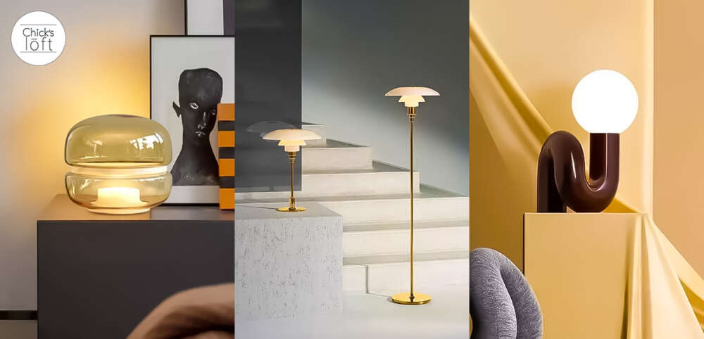 Modern designer table lamps with warm lighting in stylish interiors featuring glass metal and sculptural designs in neutral tones
