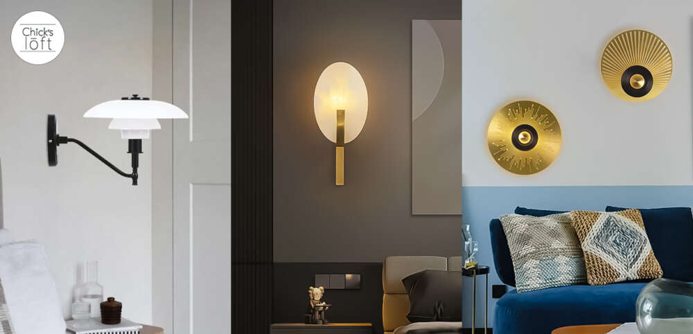 Modern Wall Lamp Designs with sleek metal, glass, and gold finishes, enhancing bedroom and living room decor with warm ambient lighting.