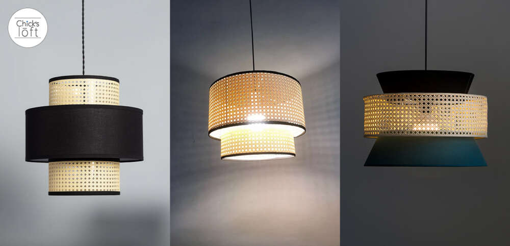 Three modern pendant lamps with woven cane shades and black accents, shown lit and unlit.